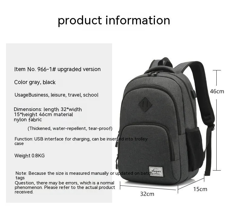 Gray lightweight backpack with USB charging port and trolley sleeve in nylon fabric