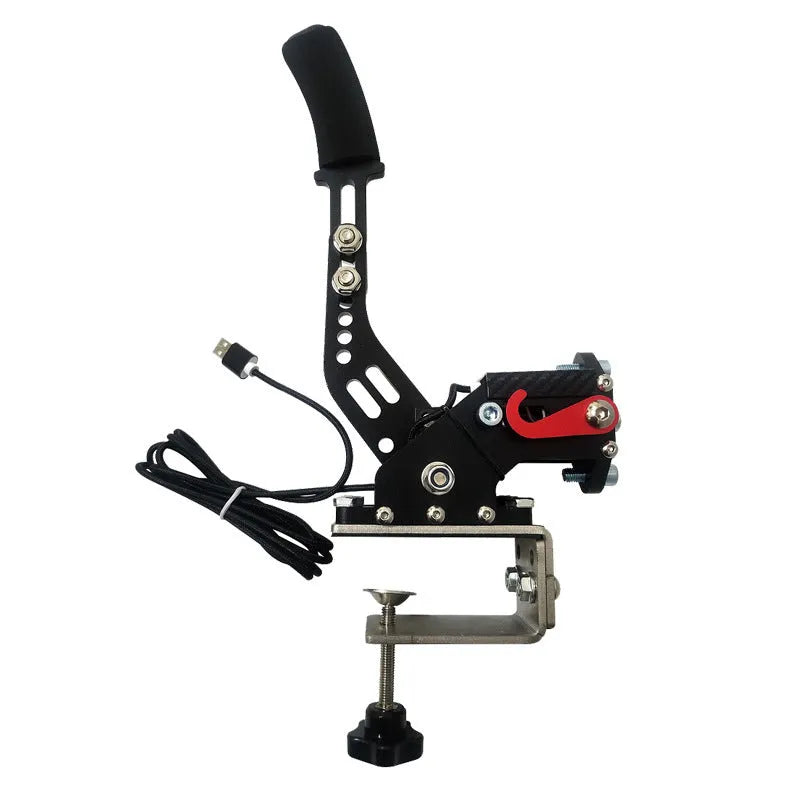 USB PC sim racing handbrake with linear lever and adjustable mounting clamp in multiple colours.