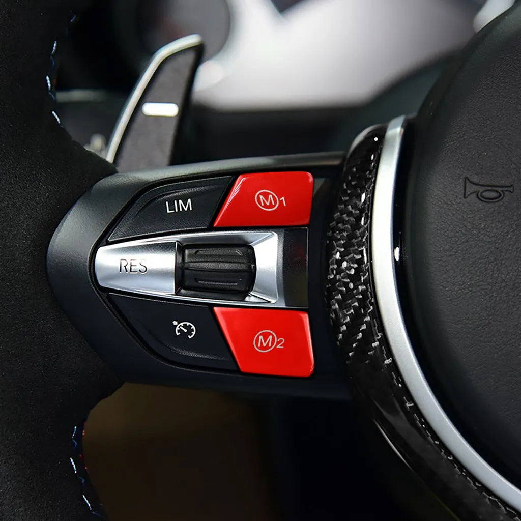Red and blue BMW steering wheel M1 M2 mode buttons with installation keys for F30 and F34 models