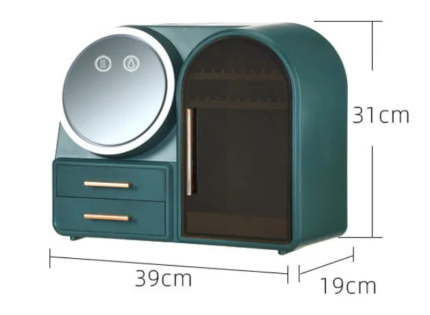 Plastic cosmetics storage rack with LED makeup mirror and soft wind fan, 35L capacity, milky white light pink or dark green