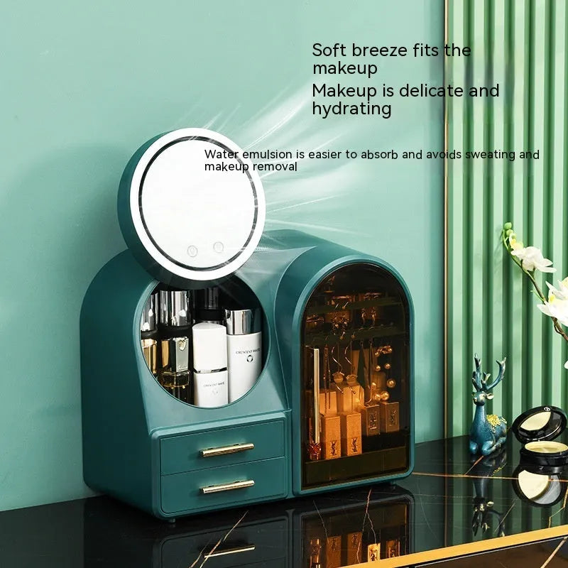 Plastic cosmetics storage rack with LED makeup mirror and soft wind fan, 35L capacity, milky white light pink or dark green