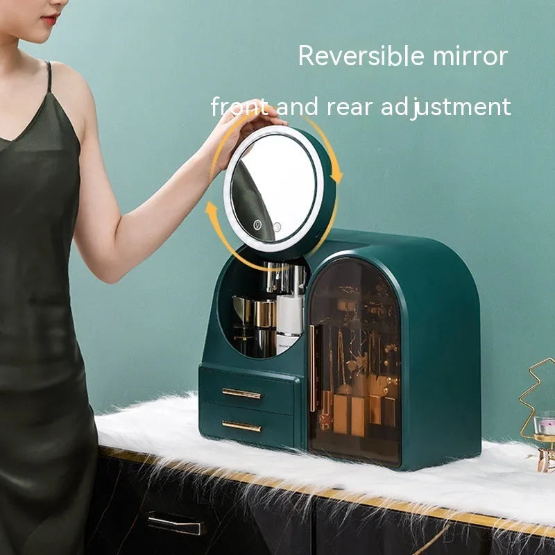 Plastic cosmetics storage rack with LED makeup mirror and soft wind fan, 35L capacity, milky white light pink or dark green