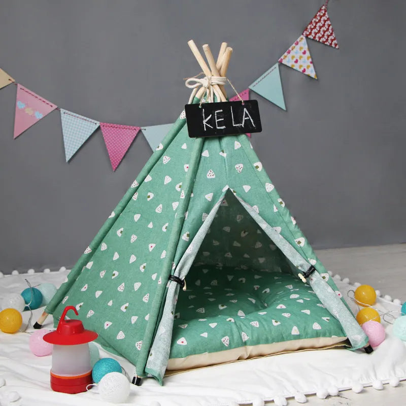 Green triangular pet tent kennel with cotton cover and wood stick frame for small dogs and cats