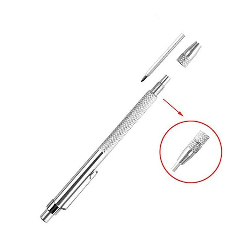 Silver aluminum glass marking pen with tungsten carbide tip on white background