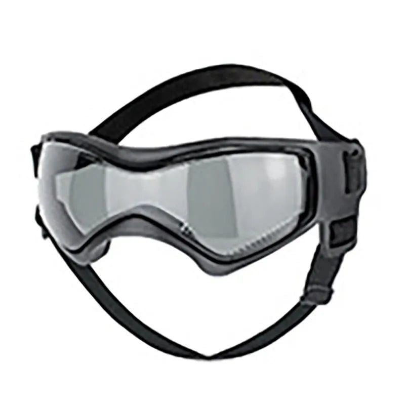 Dog UV-proof goggles with polycarbonate lenses and adjustable nylon ribbon strap in black colour
