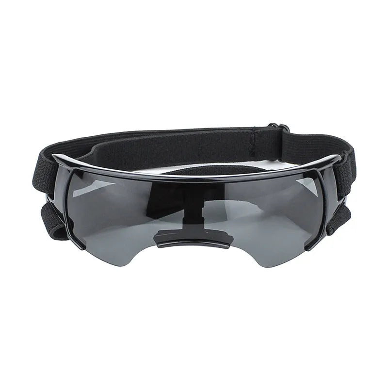 Dog UV-proof goggles with polycarbonate lenses and adjustable nylon ribbon strap in black colour