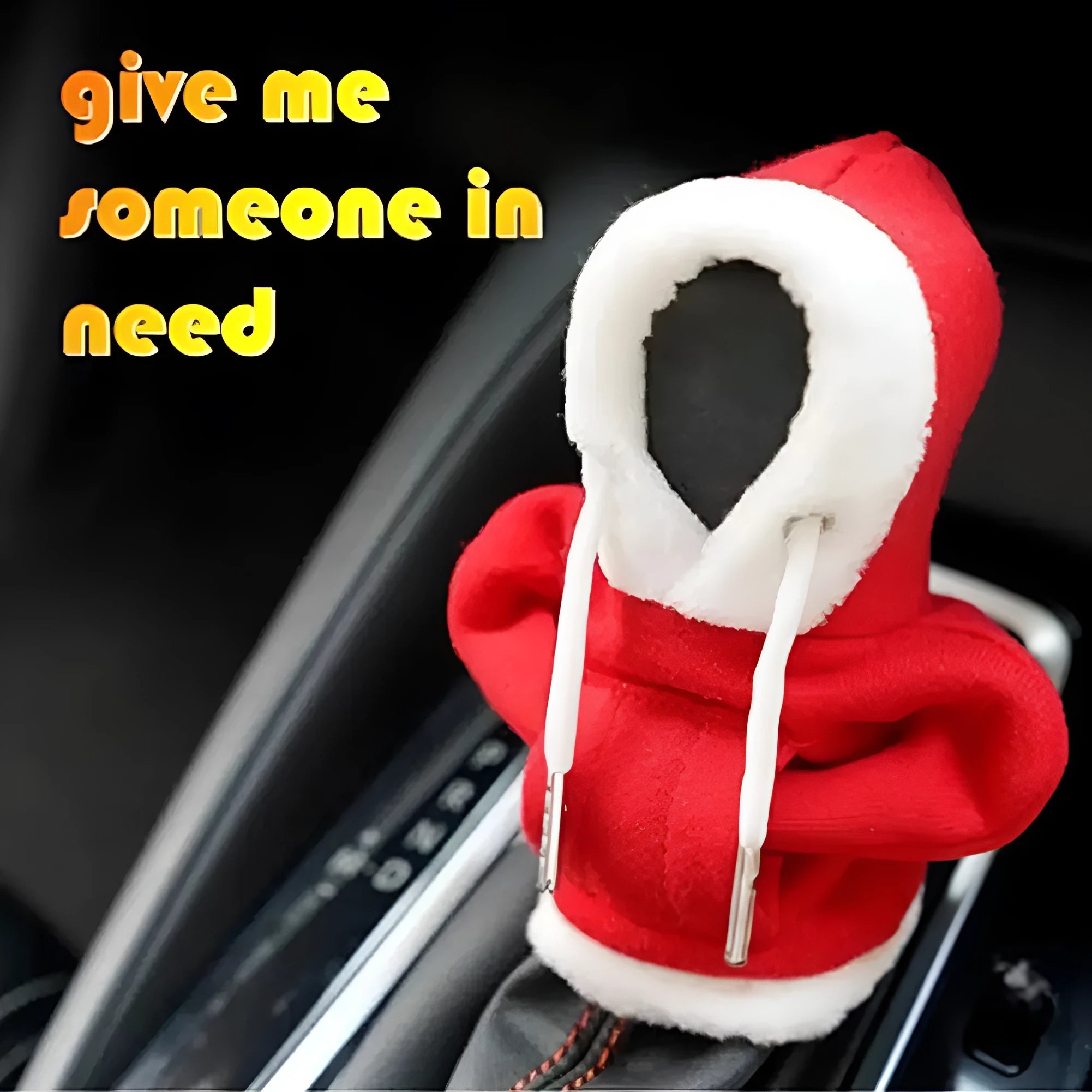 Polyester knit hooded cover stretched over a car manual gear lever in a red and white colour combination.