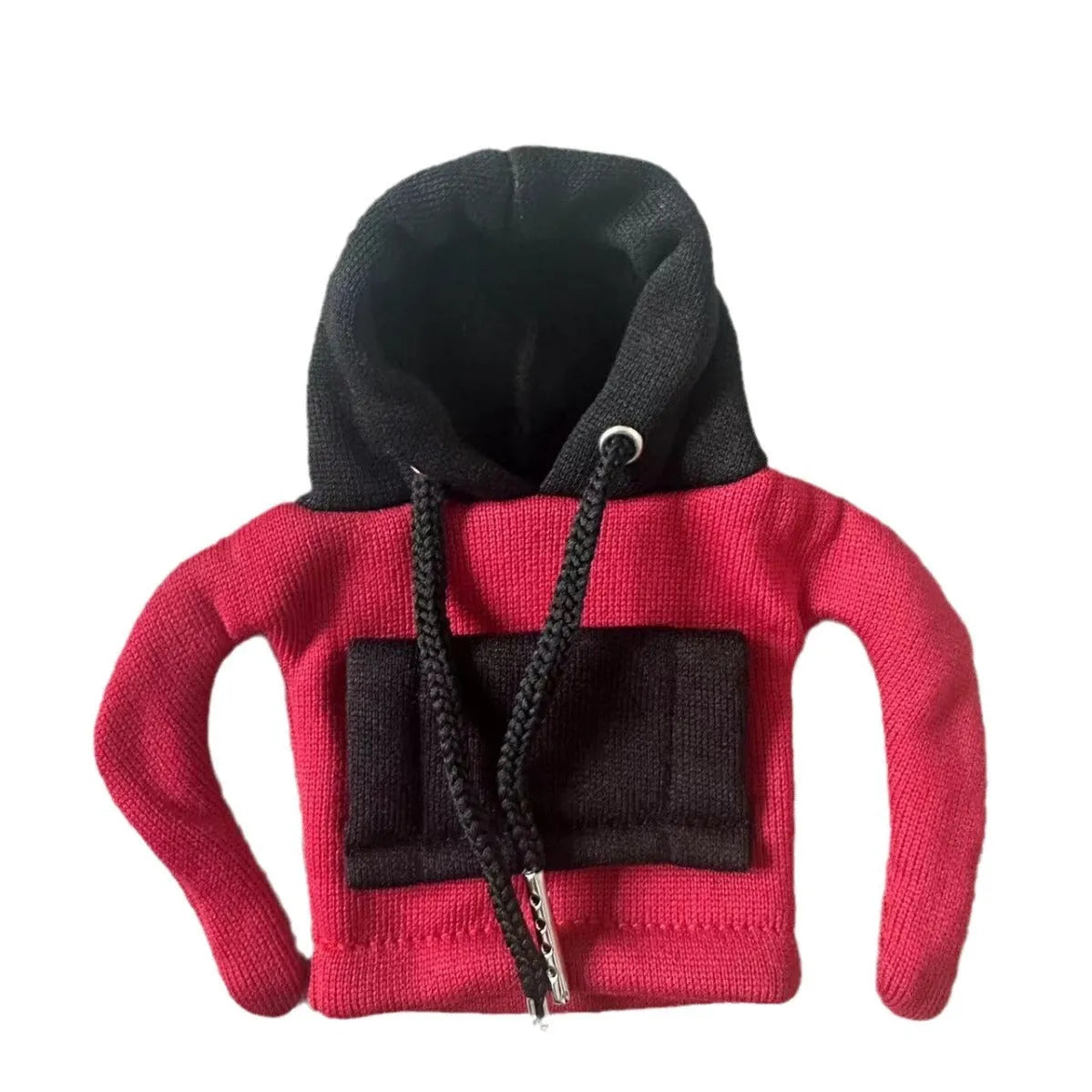 Polyester knit hooded cover stretched over a car manual gear lever in a red and white colour combination.