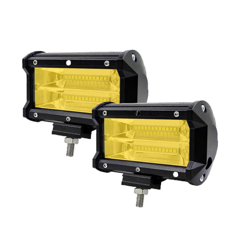 Black 5-inch dual-row LED off-road work light with aluminium alloy housing, shown with mounting bracket.
