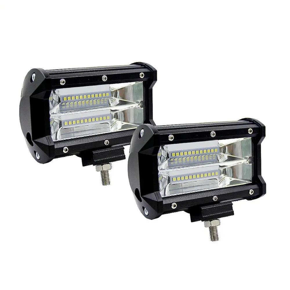 Black 5-inch dual-row LED off-road work light with aluminium alloy housing, shown with mounting bracket.