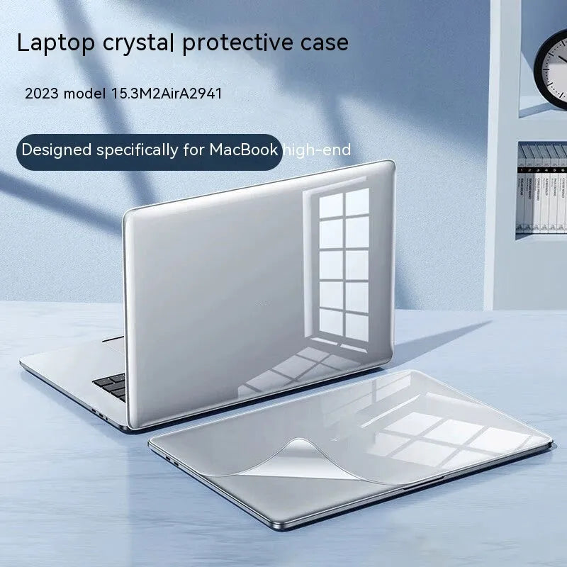 MacBook protective case in transparent and frosted finishes showing full laptop coverage