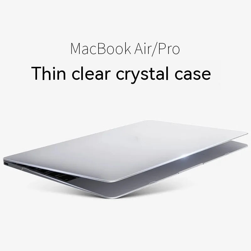MacBook protective case in transparent and frosted finishes showing full laptop coverage