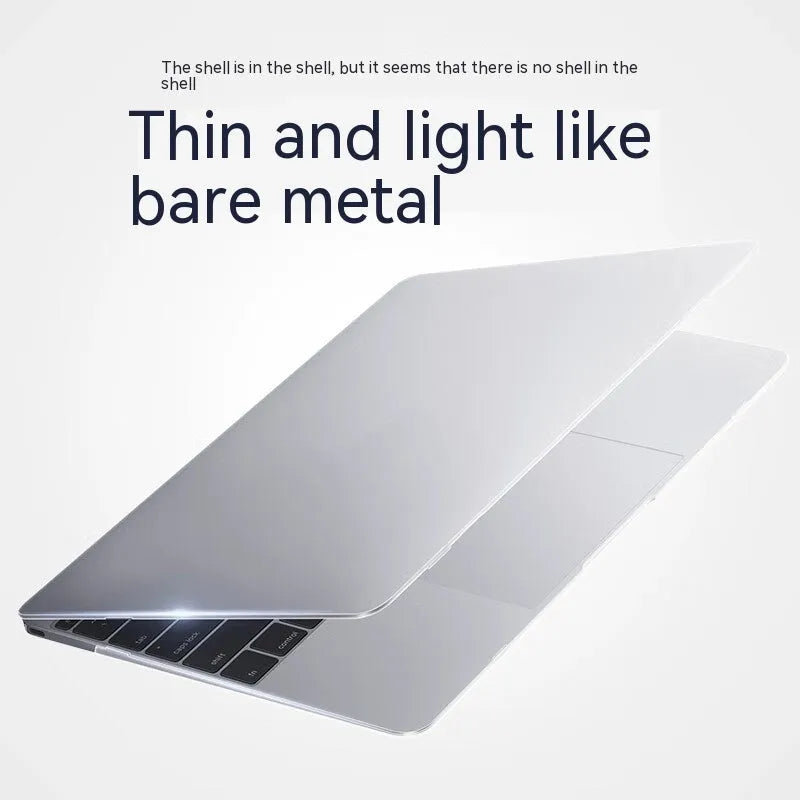 MacBook protective case in transparent and frosted finishes showing full laptop coverage