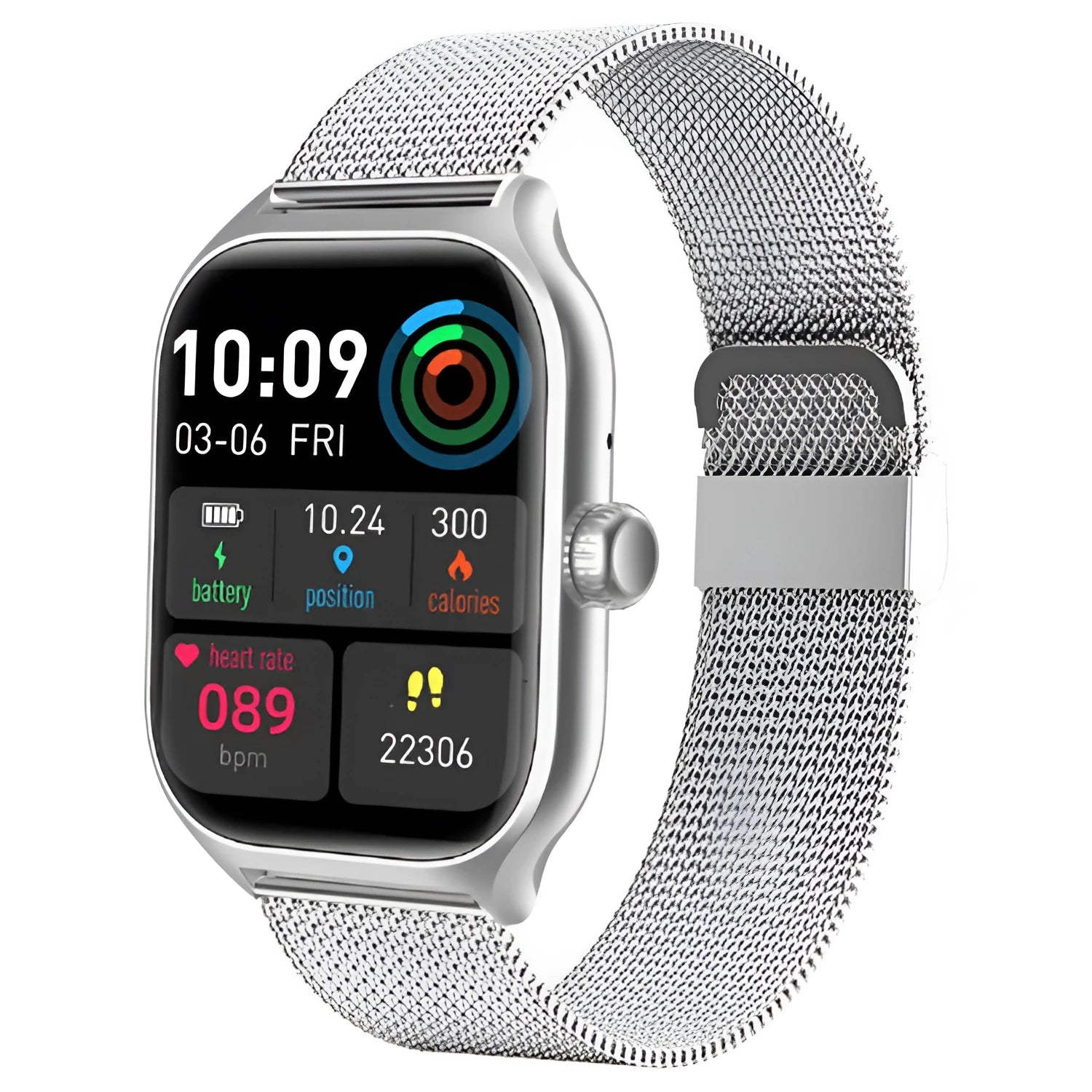 Bluetooth smart watch with touch screen displaying heart rate and activity metrics