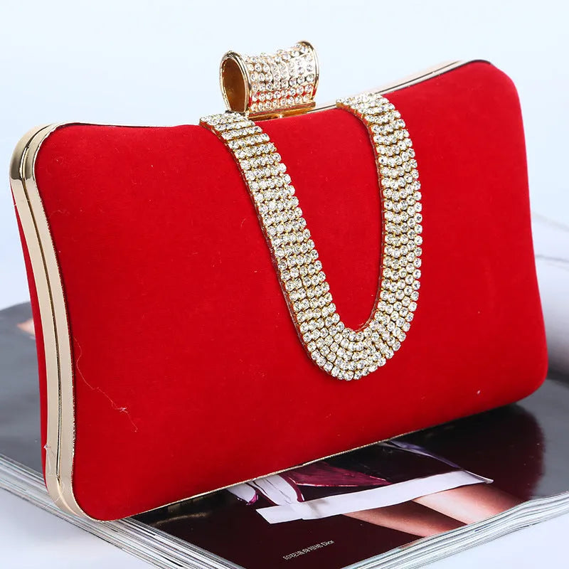 Suede U-shaped diamond evening bag in drill chain satin velvet, 20cm x 6cm x 12cm, single shoulder strap, banquet use