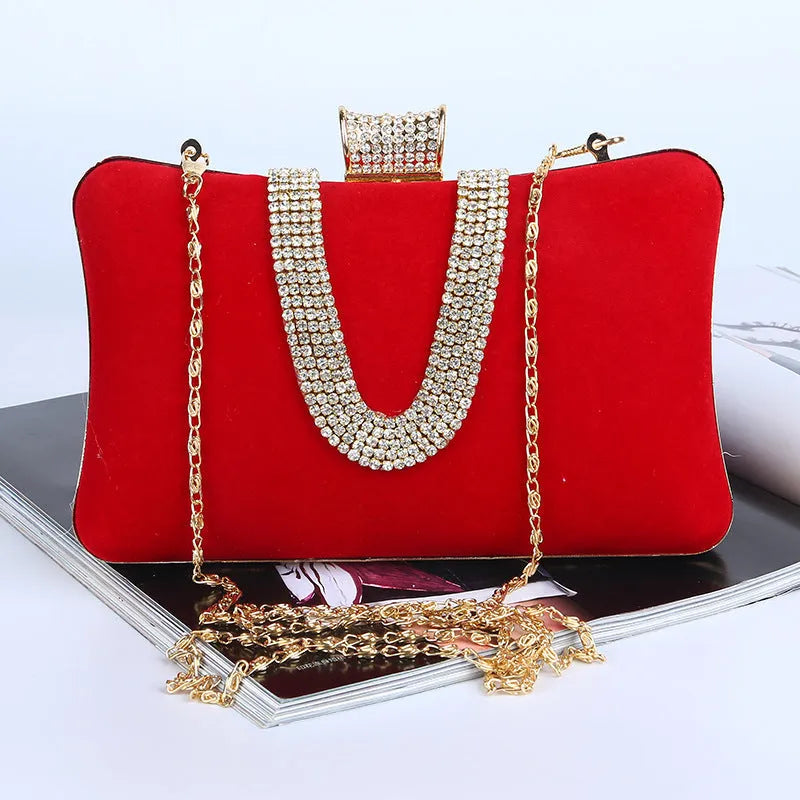 Suede U-shaped diamond evening bag in drill chain satin velvet, 20cm x 6cm x 12cm, single shoulder strap, banquet use