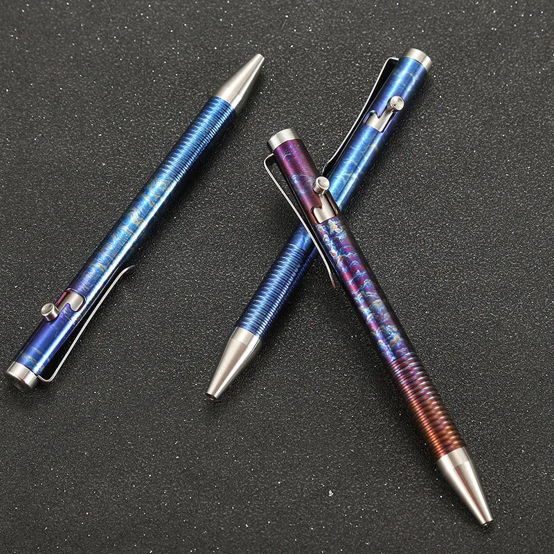 Titanium alloy gun bolt handle ball pen with magic colour phantom finish showing iridescent effects