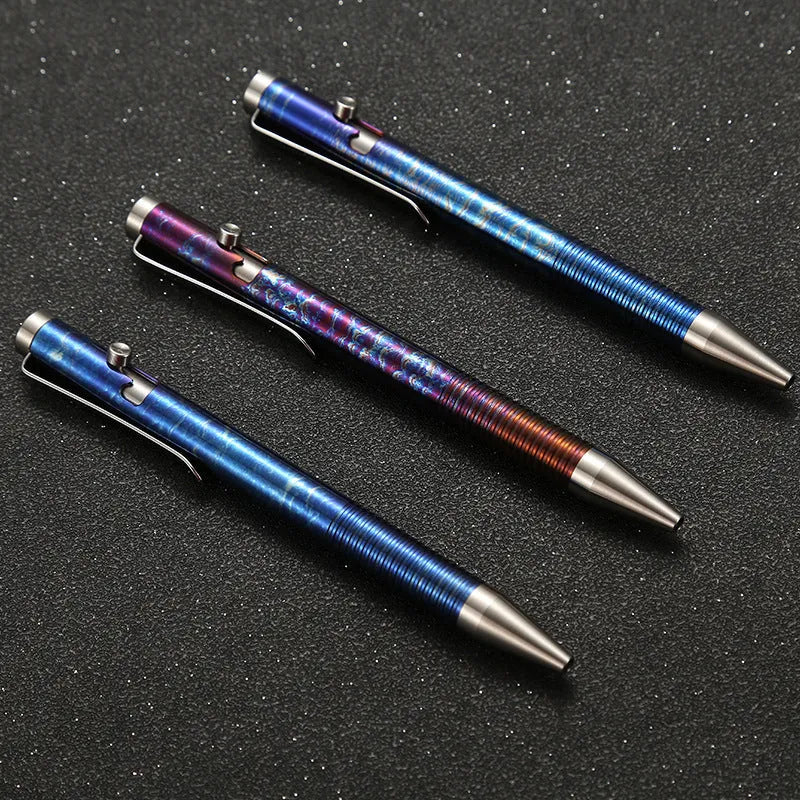 Titanium alloy gun bolt handle ball pen with magic colour phantom finish showing iridescent effects