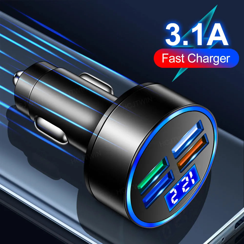 Black four-port USB car charger with cigarette lighter plug for 12V sockets.