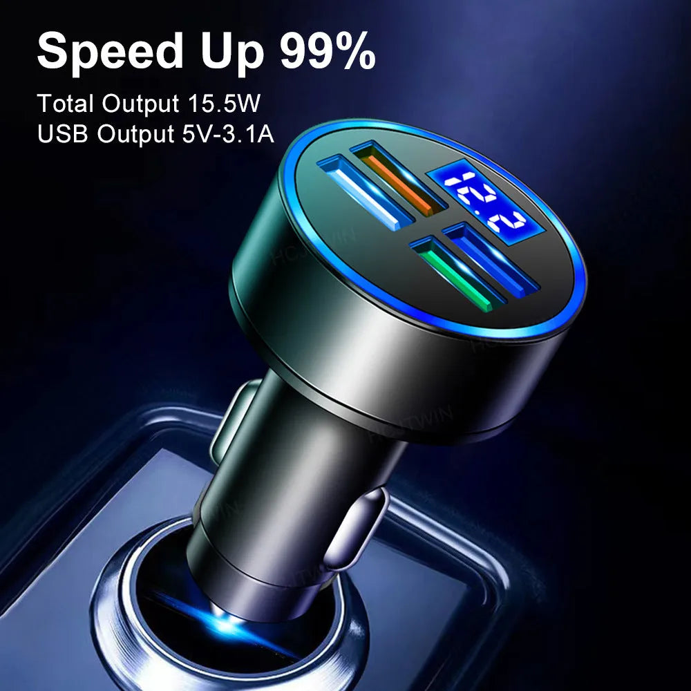 Black four-port USB car charger with cigarette lighter plug for 12V sockets.