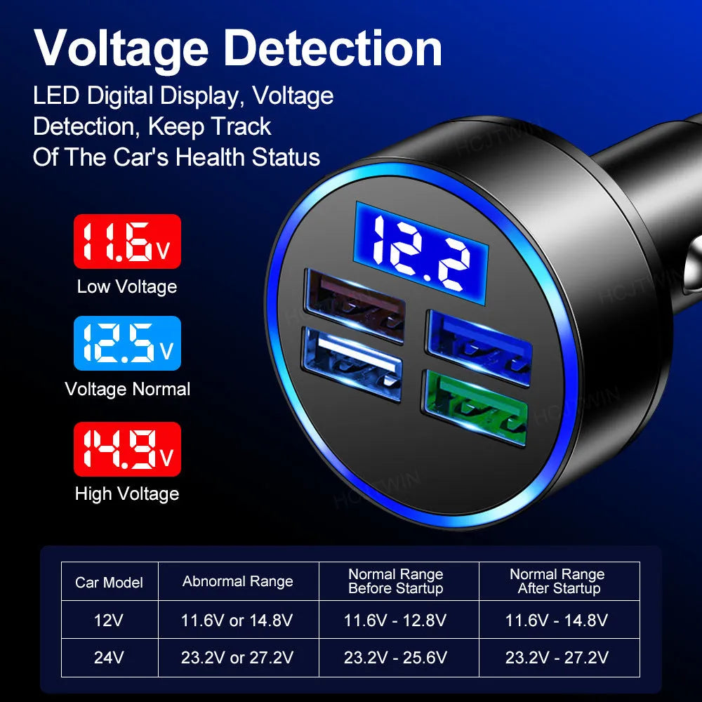 Black four-port USB car charger with cigarette lighter plug for 12V sockets.