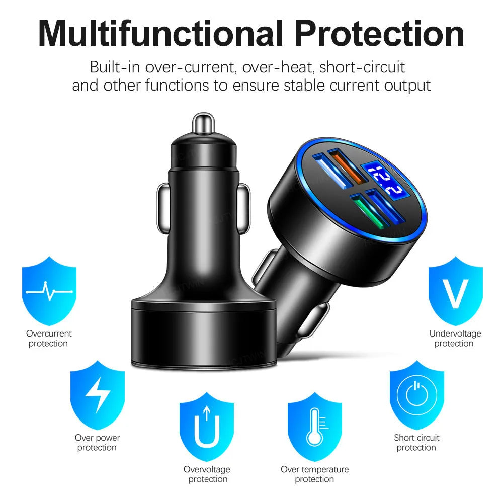 Black four-port USB car charger with cigarette lighter plug for 12V sockets.