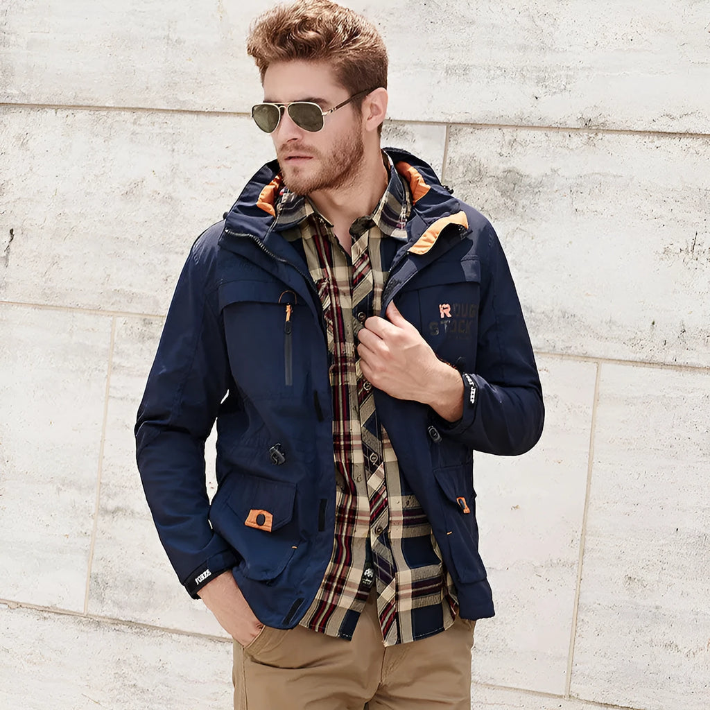 Men's spring casual waterproof breathable long hooded stand collar nylon jacket in khaki colour