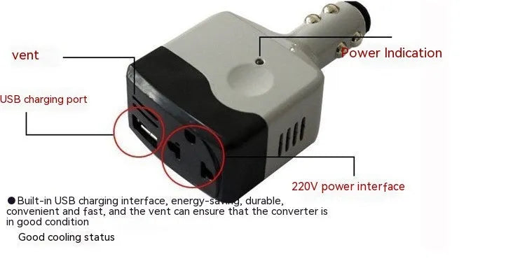 Car cigarette lighter charger with 220V AC socket and USB port for mobile phone charging