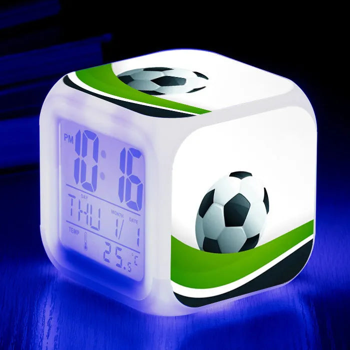 Square football pattern alarm clock for children's bedrooms with silent alarm functionality