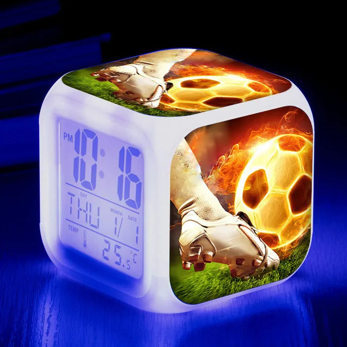 Square football pattern alarm clock for children's bedrooms with silent alarm functionality
