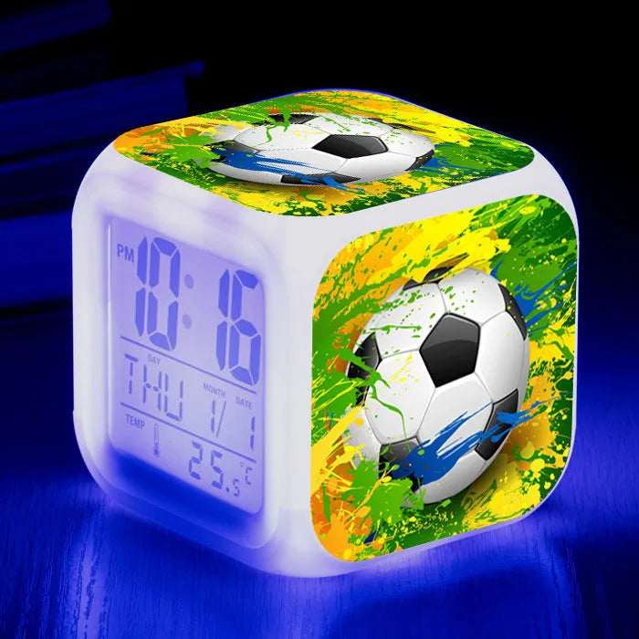 Square football pattern alarm clock for children's bedrooms with silent alarm functionality
