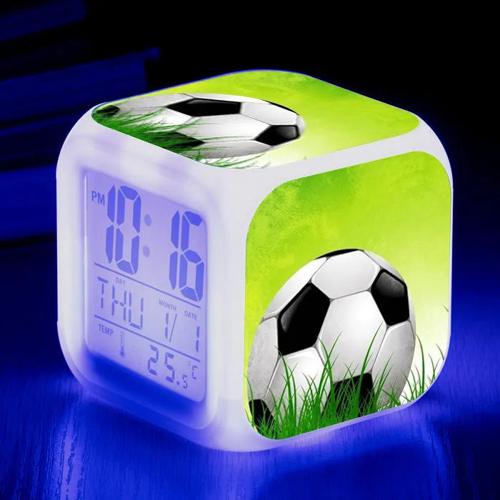 Square football pattern alarm clock for children's bedrooms with silent alarm functionality