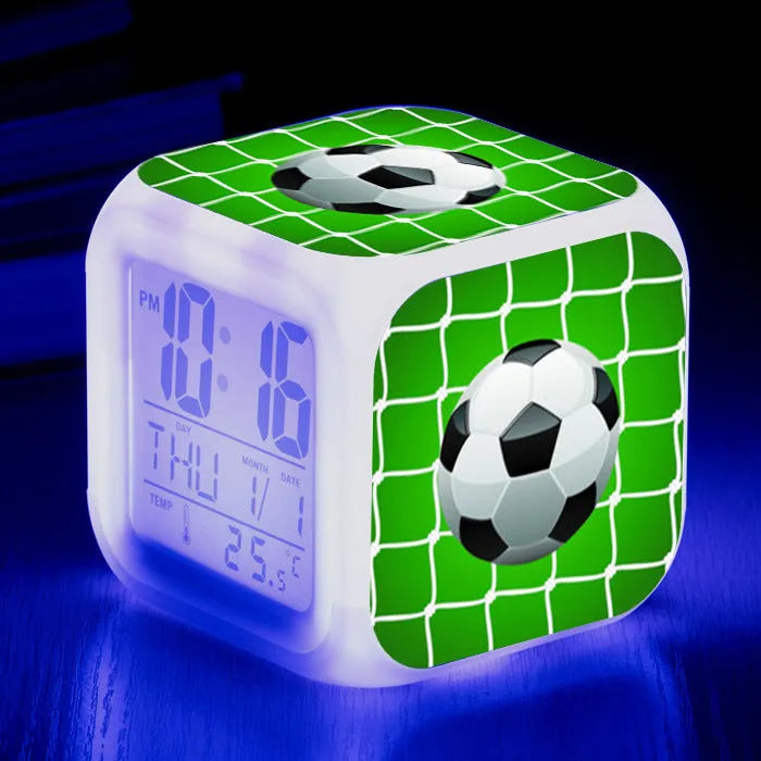 Square football pattern alarm clock for children's bedrooms with silent alarm functionality