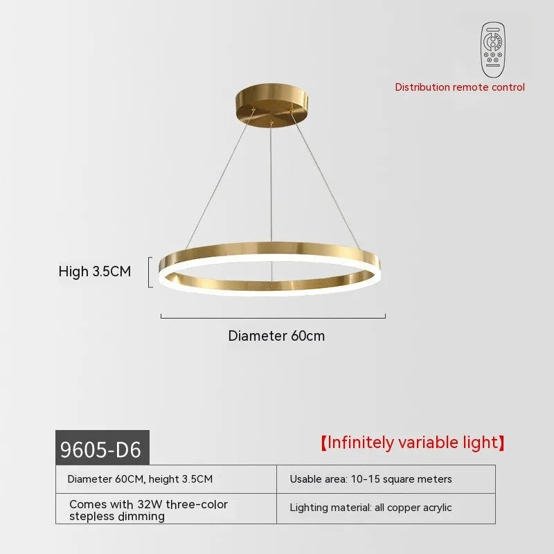 Nordic modern copper circle chandelier with acrylic panels, three circles parallel, 40CM diameter for living room