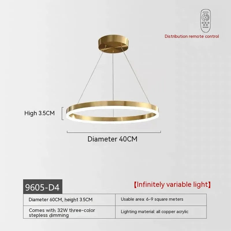 Nordic modern copper circle chandelier with acrylic panels, three circles parallel, 40CM diameter for living room