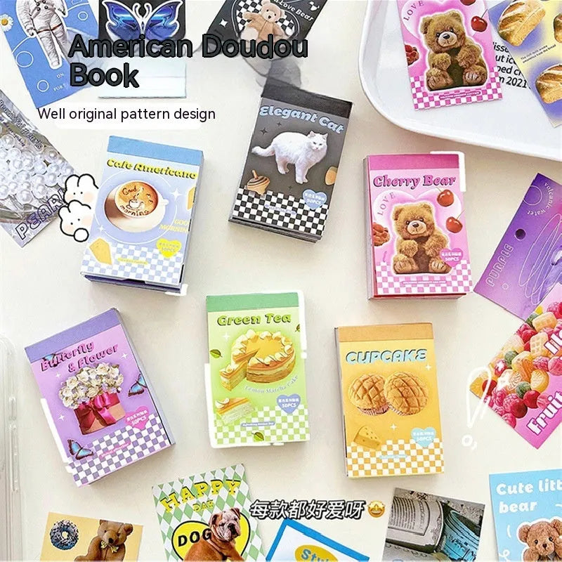 Retro American cartoon sticker book showing six colour variations including pink, black, blue, green, purple and yellow designs