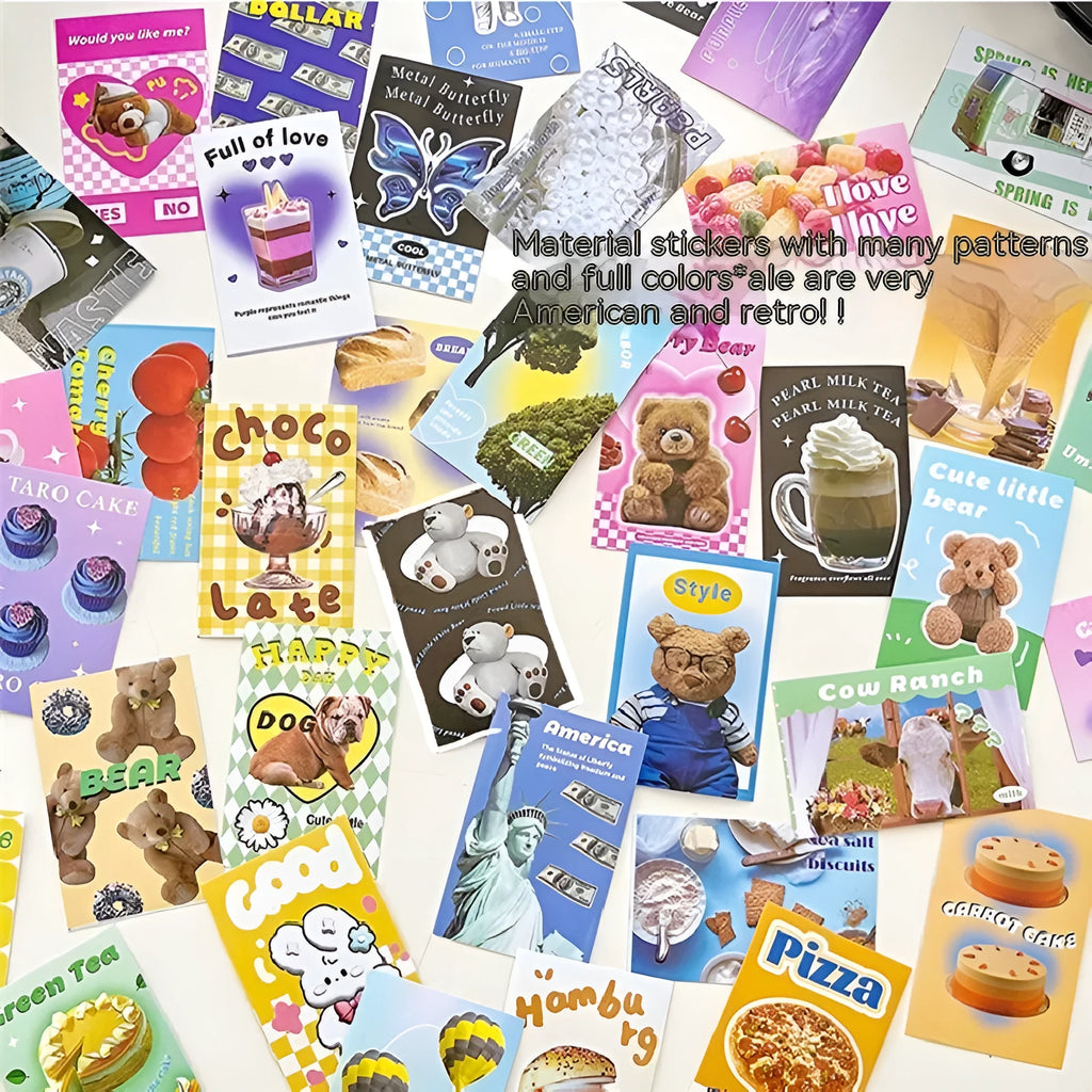 Retro American cartoon sticker book showing six colour variations including pink, black, blue, green, purple and yellow designs