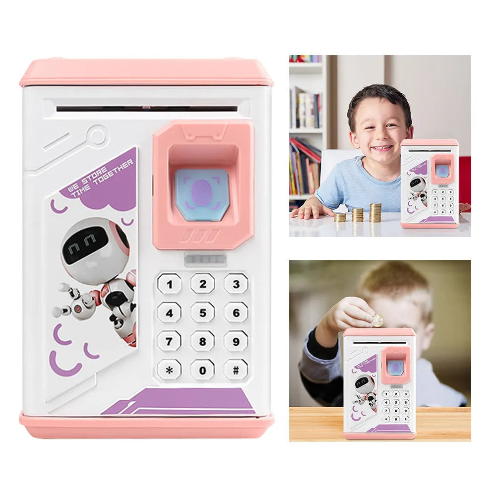 Electronic piggy bank in blue with fingerprint sensor and number keypad, 13 cm wide