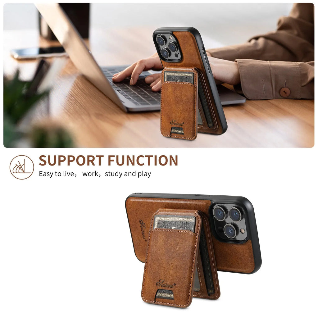 Magnetic card holder phone case with bracket for iPhone in four colours: Black, Brown, Khaki, Red
