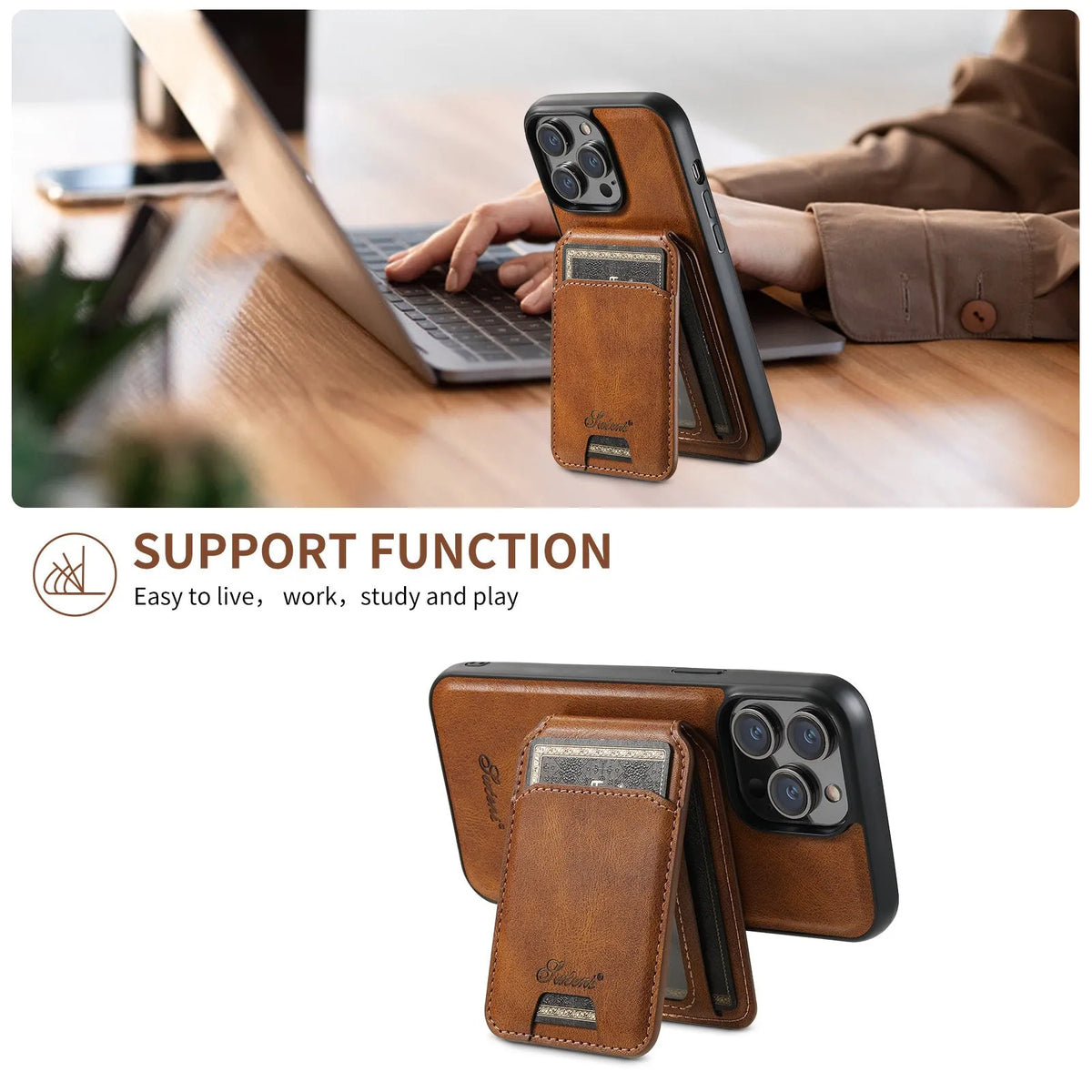 Magnetic card holder phone case with bracket for iPhone in four colours: Black, Brown, Khaki, Red