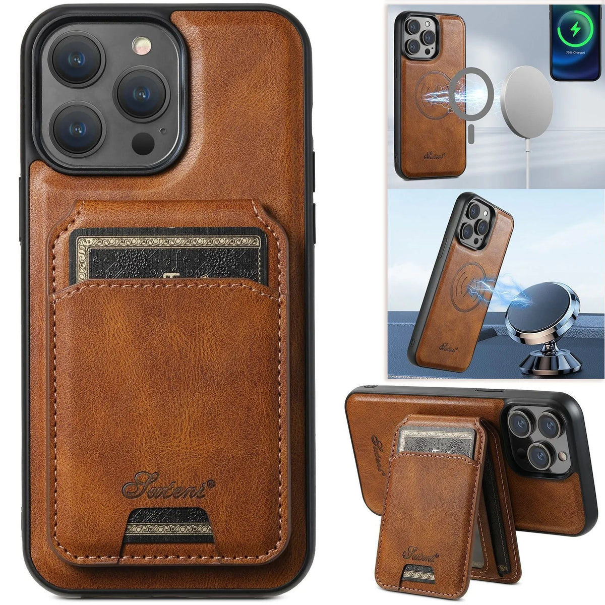 Magnetic card holder phone case with bracket for iPhone in four colours: Black, Brown, Khaki, Red