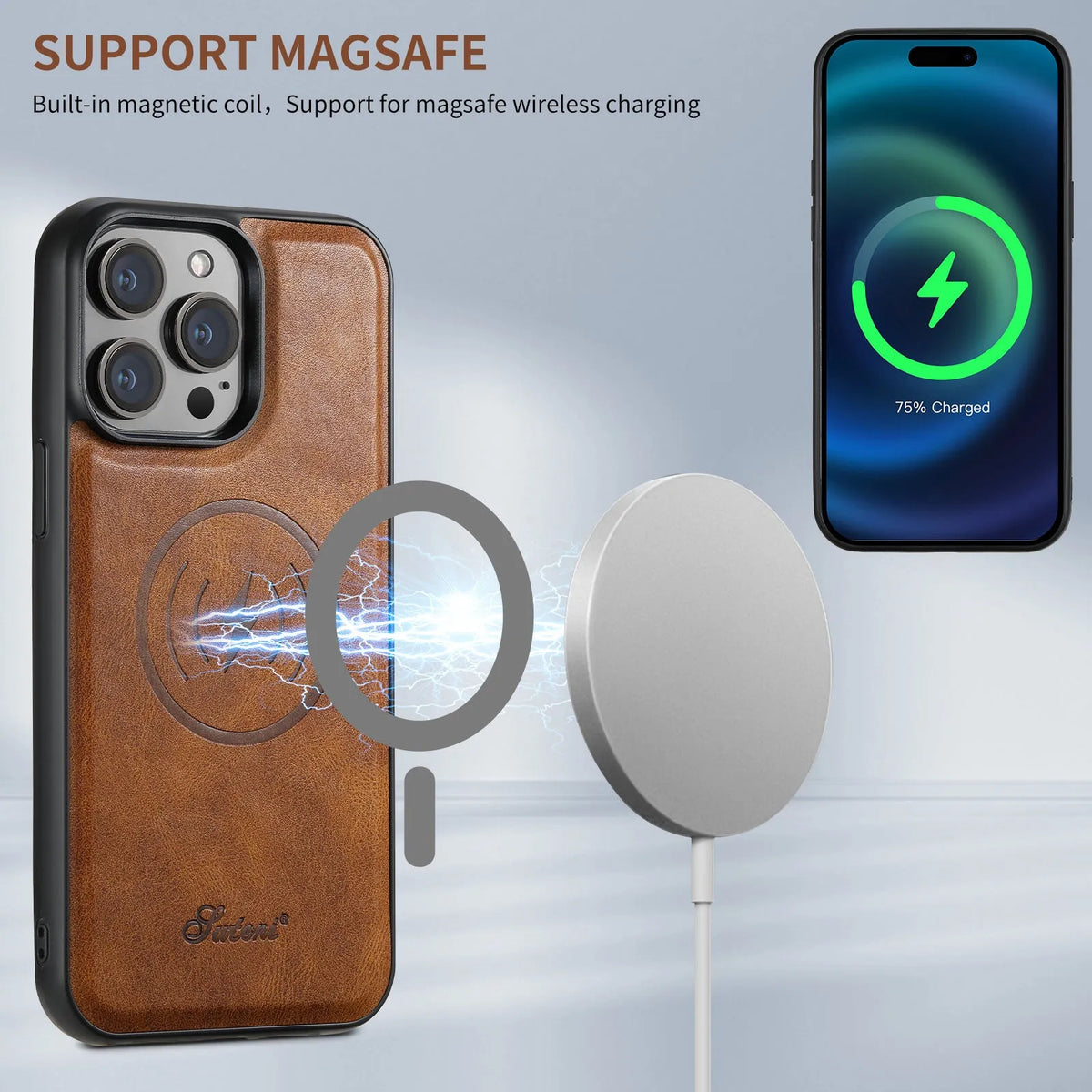 Magnetic card holder phone case with bracket for iPhone in four colours: Black, Brown, Khaki, Red