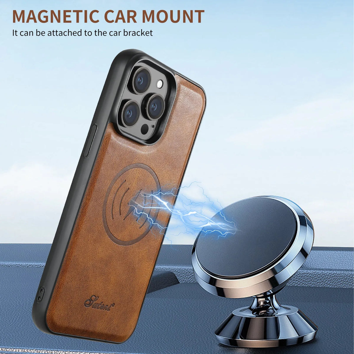 Magnetic card holder phone case with bracket for iPhone in four colours: Black, Brown, Khaki, Red