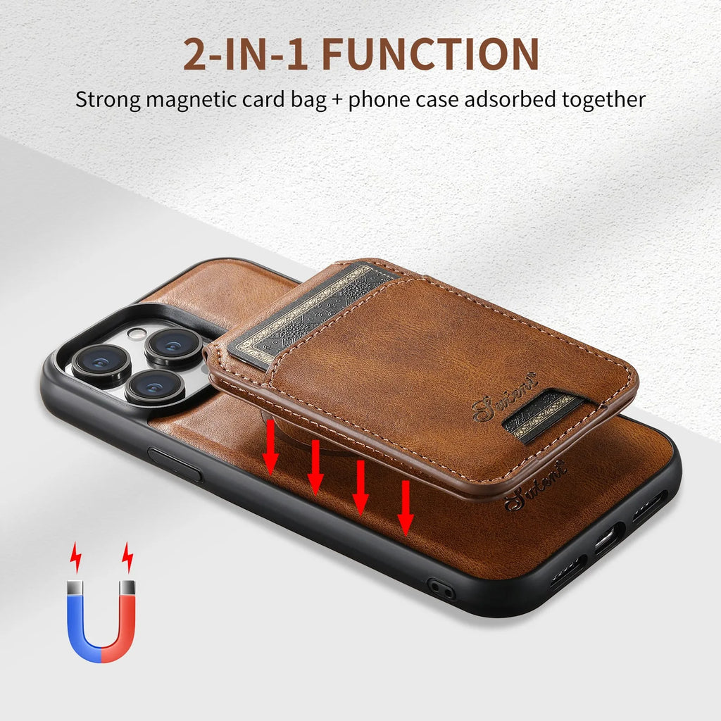 Magnetic card holder phone case with bracket for iPhone in four colours: Black, Brown, Khaki, Red