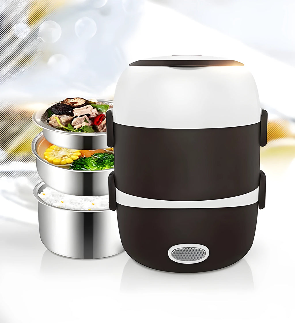Multi-function electric lunch box 200W USB power, two-layer 1L or three-layer 2L, 190mm square unit.