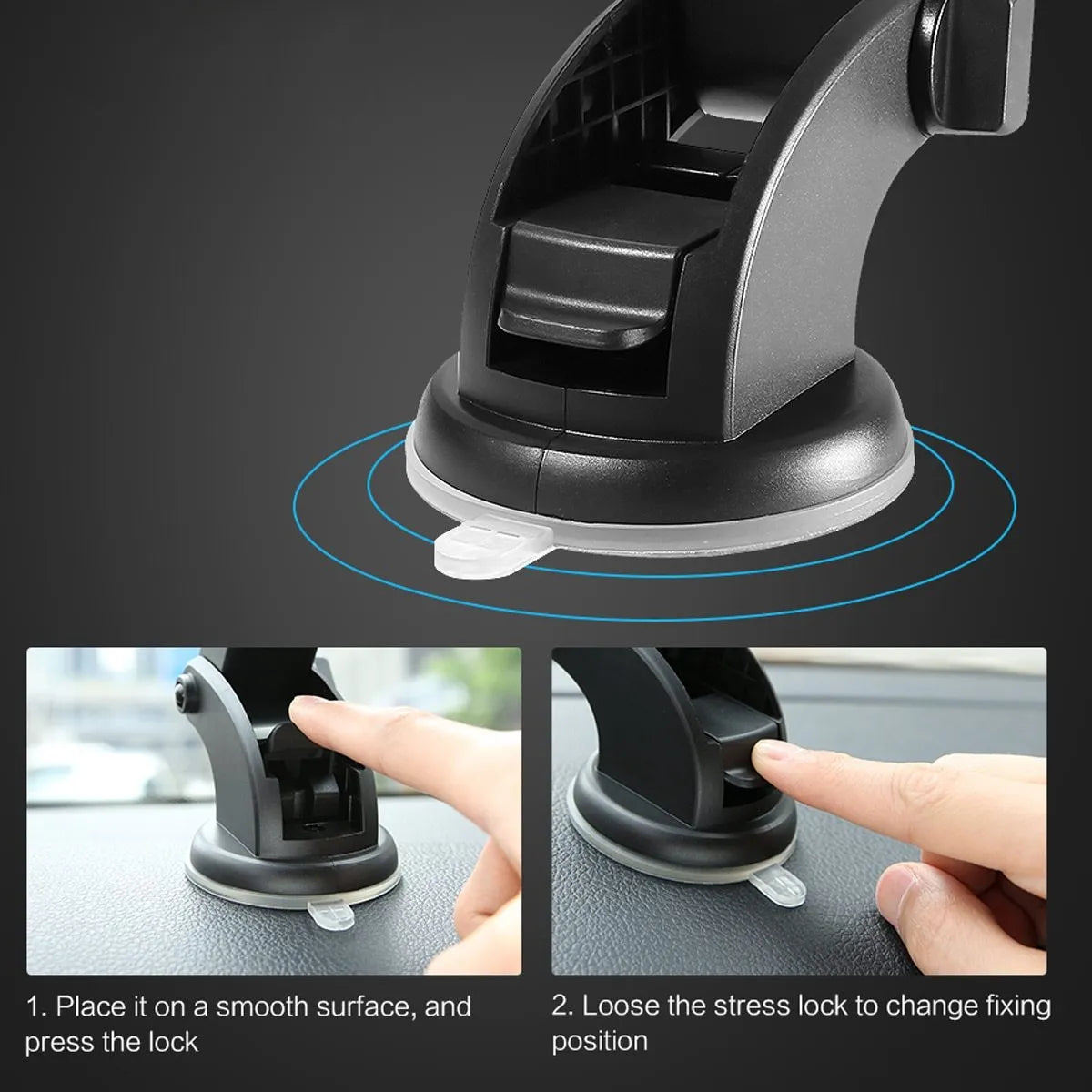 Yellow and black telescopic car phone holder with suction cup mount on a dashboard