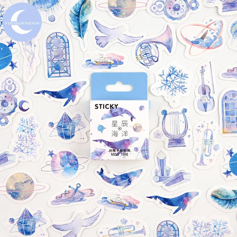 Set of 46 small rectangular cartoon-themed decorative stickers in various cute styles including Bubble Comics.