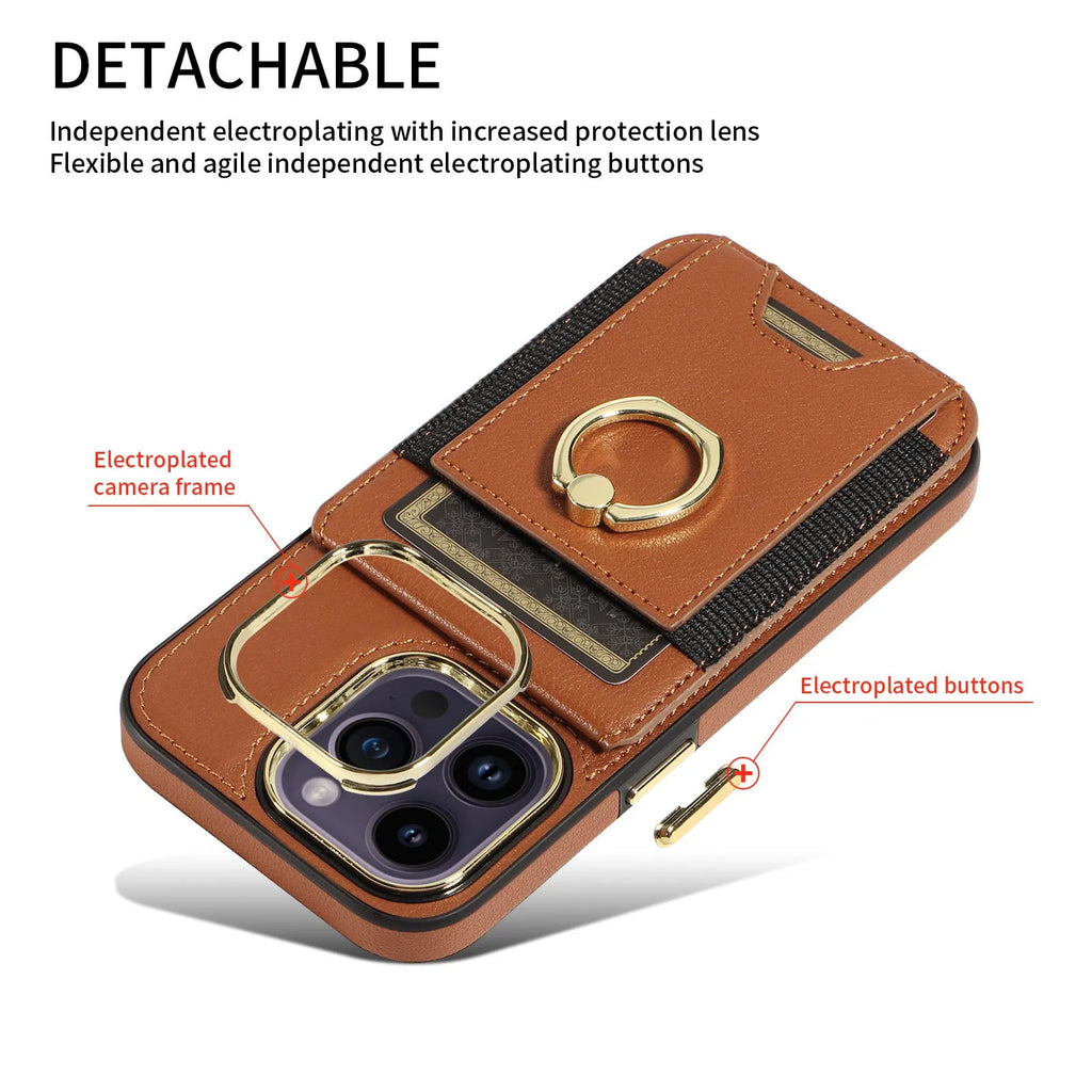 Black imitation leather phone case with card slot, bracket, and magnetic back for iPhone