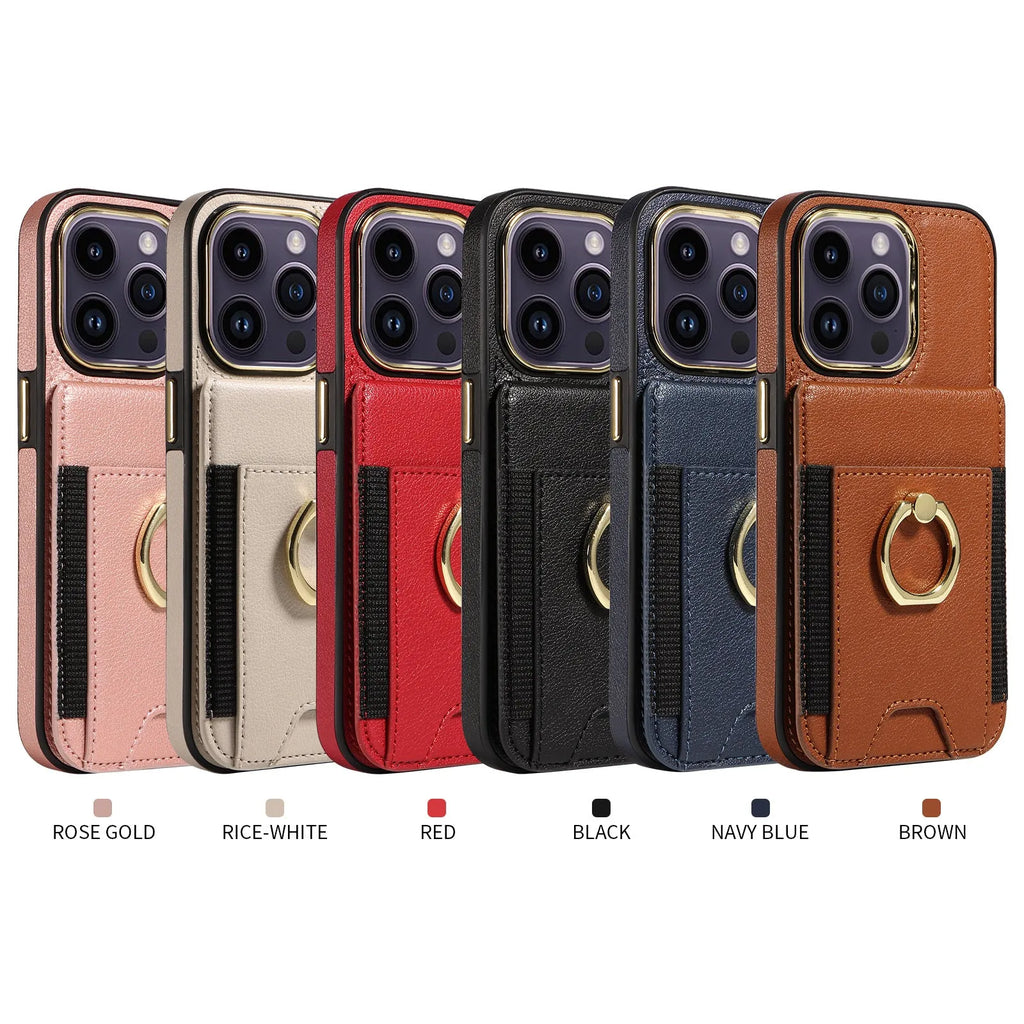 Black imitation leather phone case with card slot, bracket, and magnetic back for iPhone