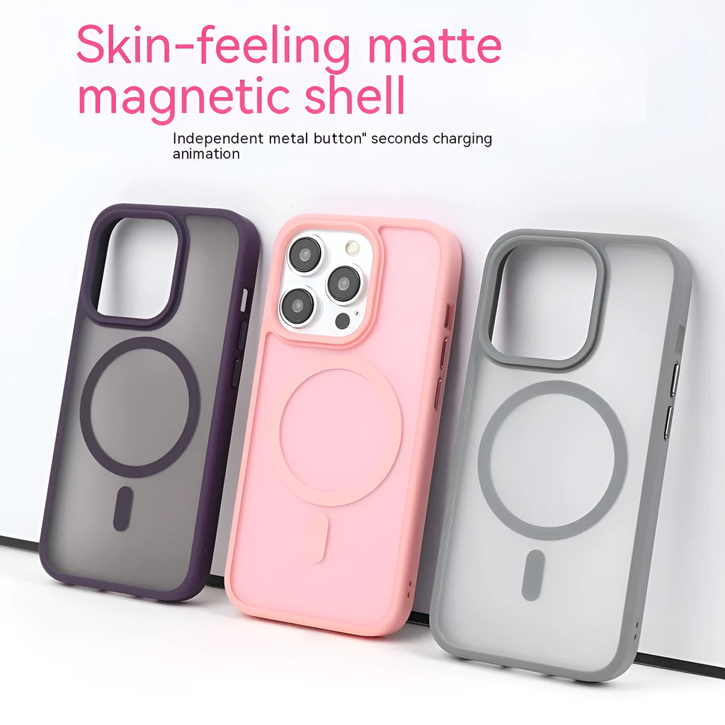 Magnetic skin-feel matte phone case with mute key cut-out for Apple iPhone, shown in cherry powder